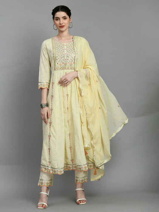 Pastel Yellow Embroidered Anarkali Suit Set