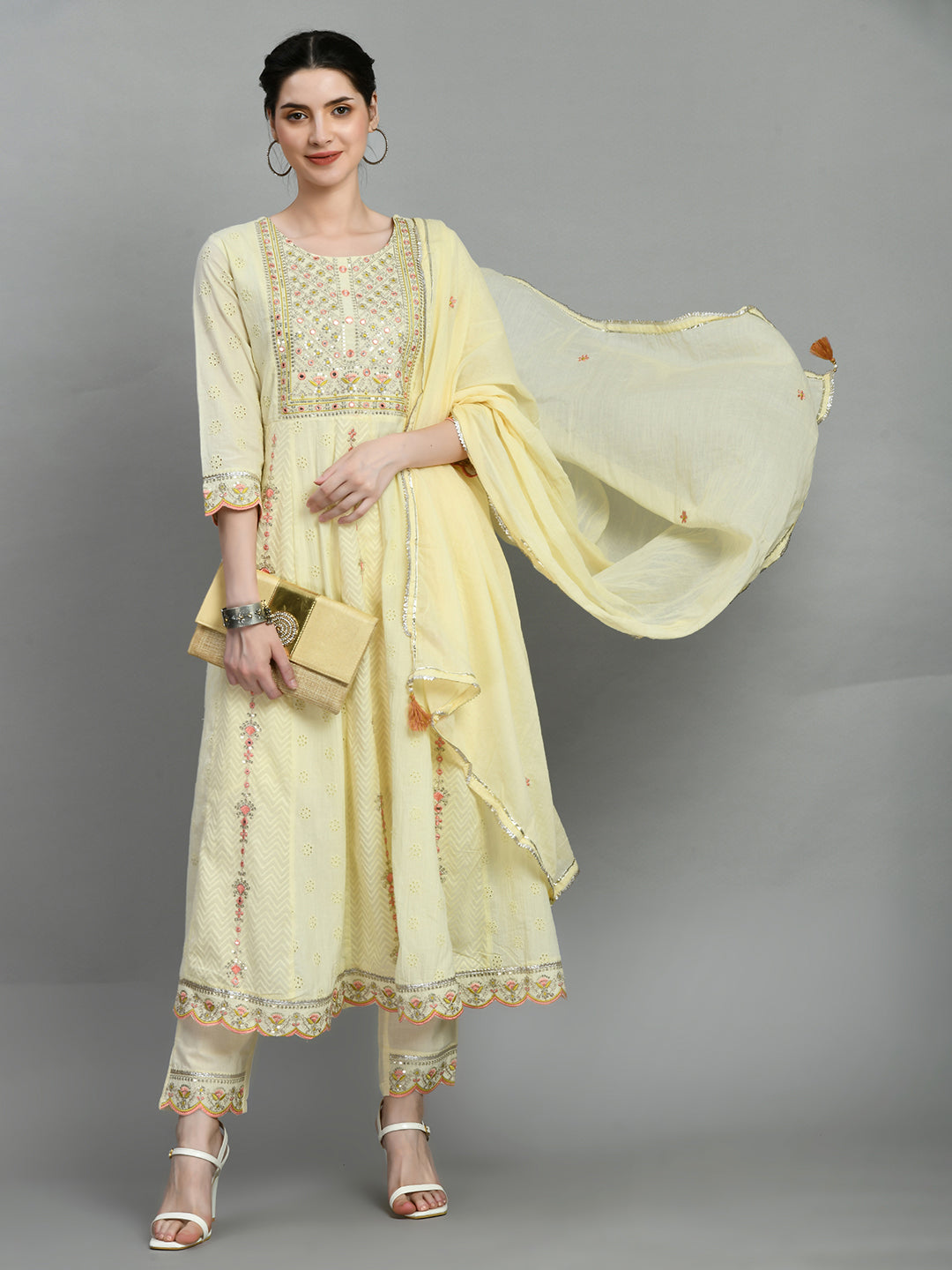 Pastel Yellow Embroidered Anarkali Suit Set