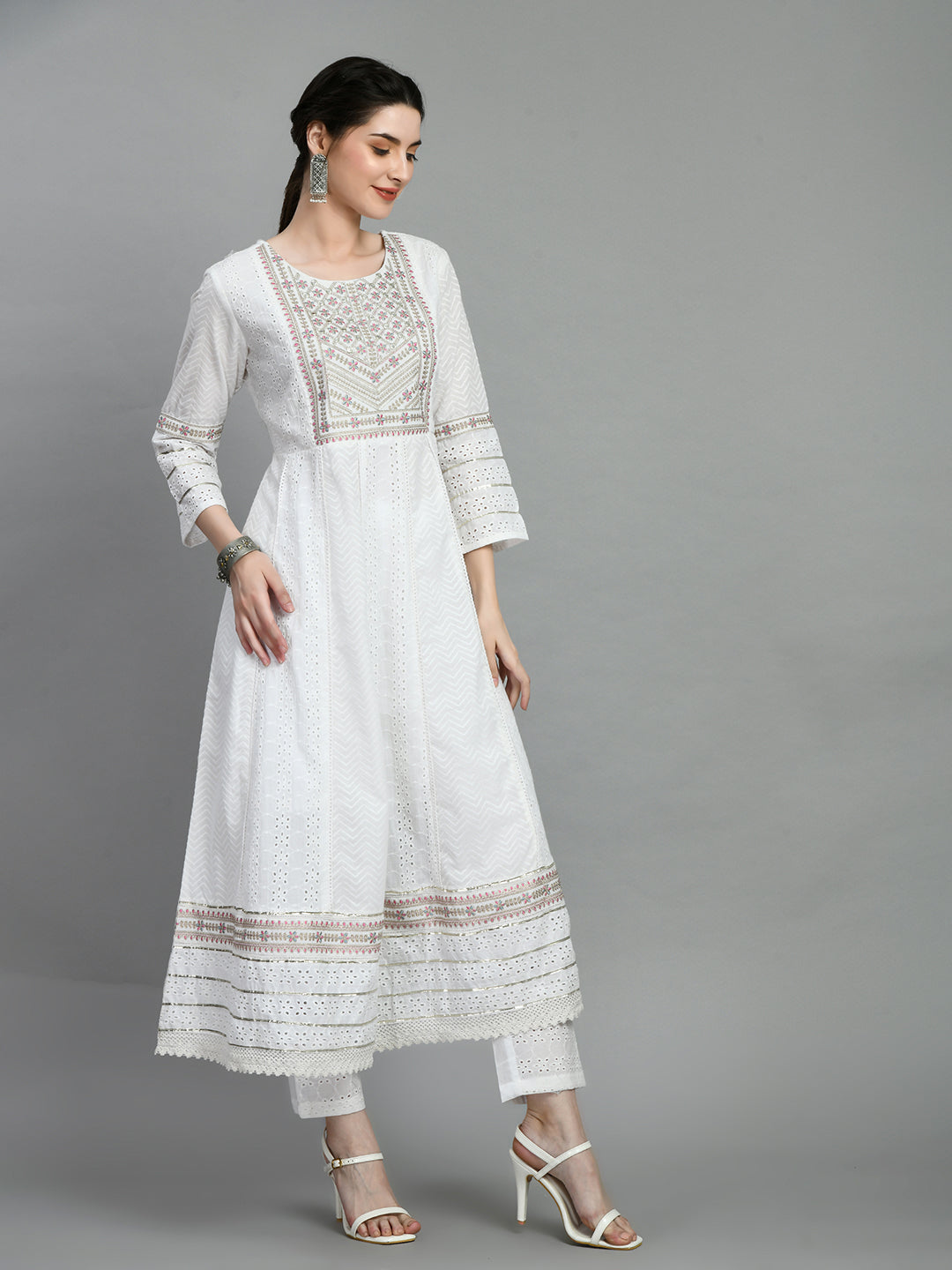 Kurti Master White Embroidered Anarkali Set with Dupatta