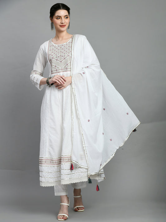 Kurti Master White Embroidered Anarkali Set with Dupatta