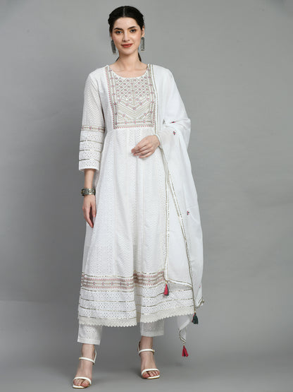 Kurti Master White Embroidered Anarkali Set with Dupatta