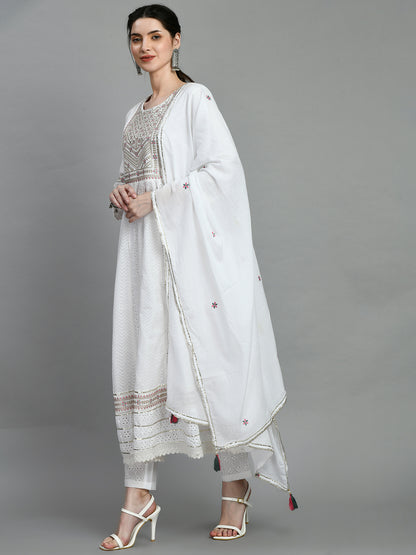 Kurti Master White Embroidered Anarkali Set with Dupatta