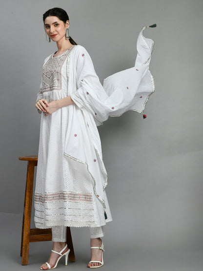 Kurti Master White Embroidered Anarkali Set with Dupatta