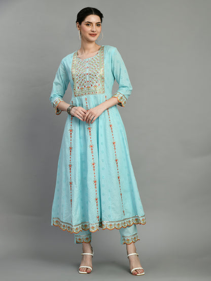 Sky Blue Embroidered Anarkali Kurta Set with Dupatta
