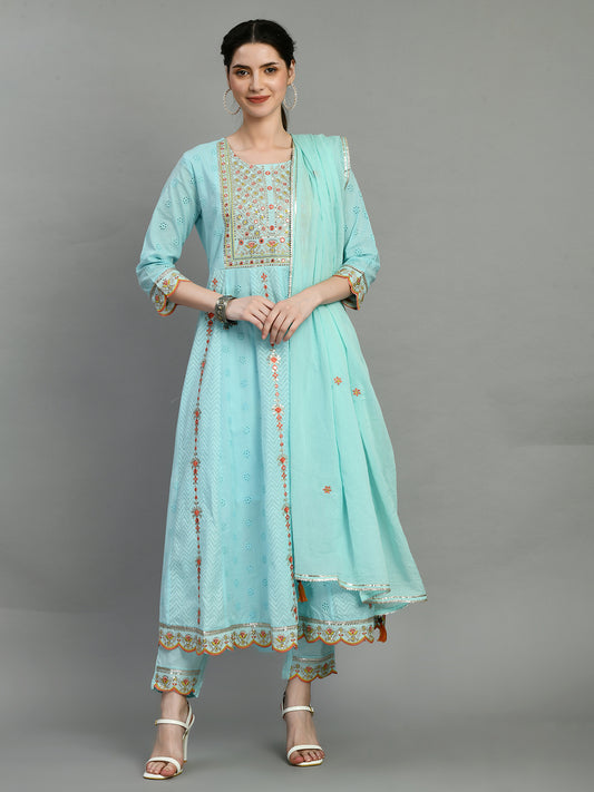 Sky Blue Embroidered Anarkali Kurta Set with Dupatta
