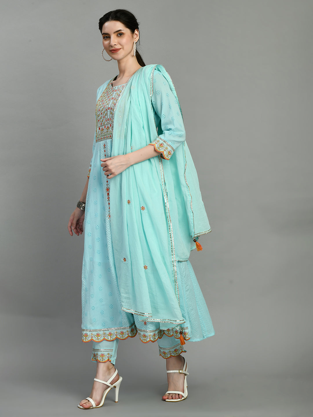 Sky Blue Embroidered Anarkali Kurta Set with Dupatta