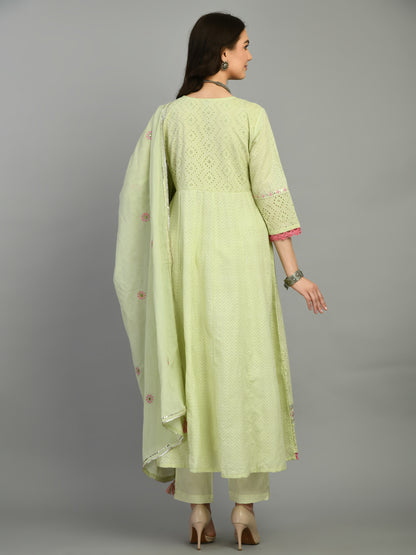 Light Green Embroidered Cotton Kurta Set with Dupatta
