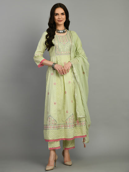 Light Green Embroidered Cotton Kurta Set with Dupatta