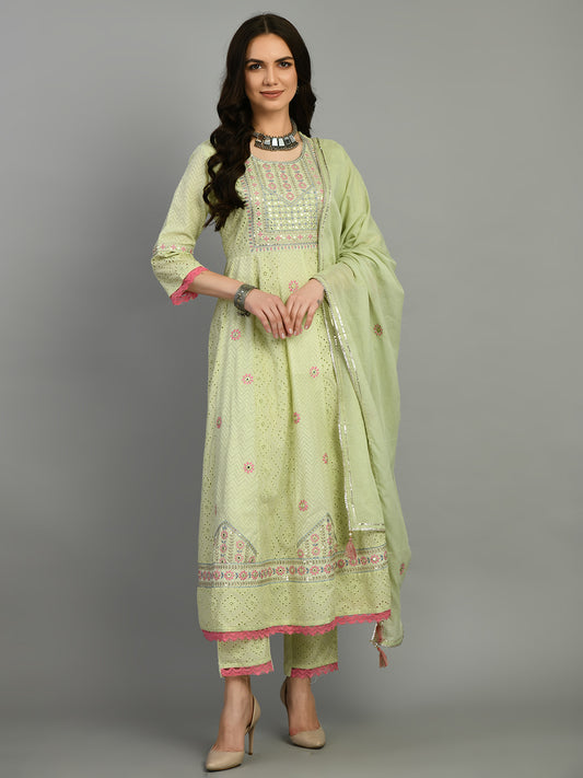 Light Green Embroidered Cotton Kurta Set with Dupatta