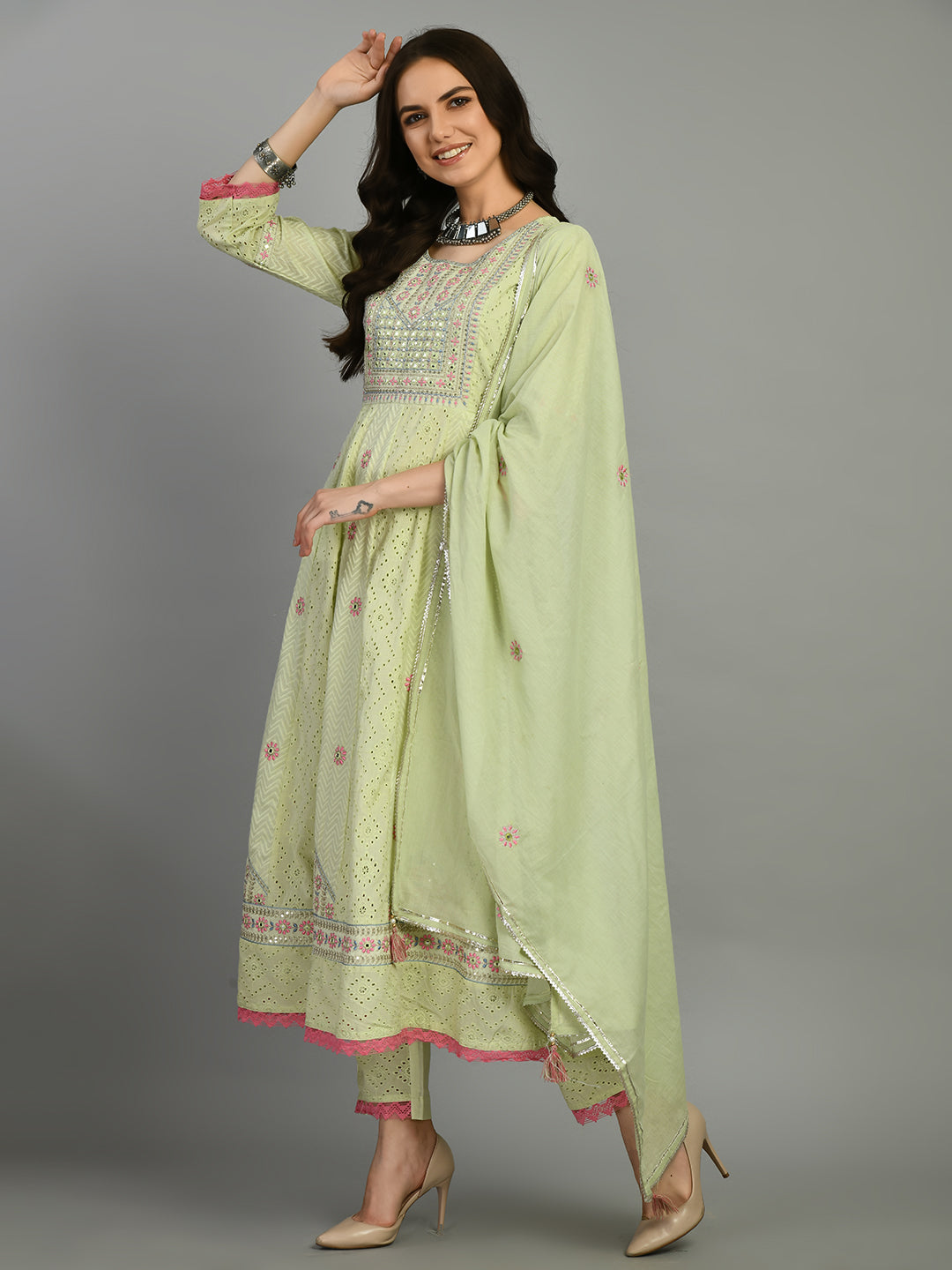 Light Green Embroidered Cotton Kurta Set with Dupatta
