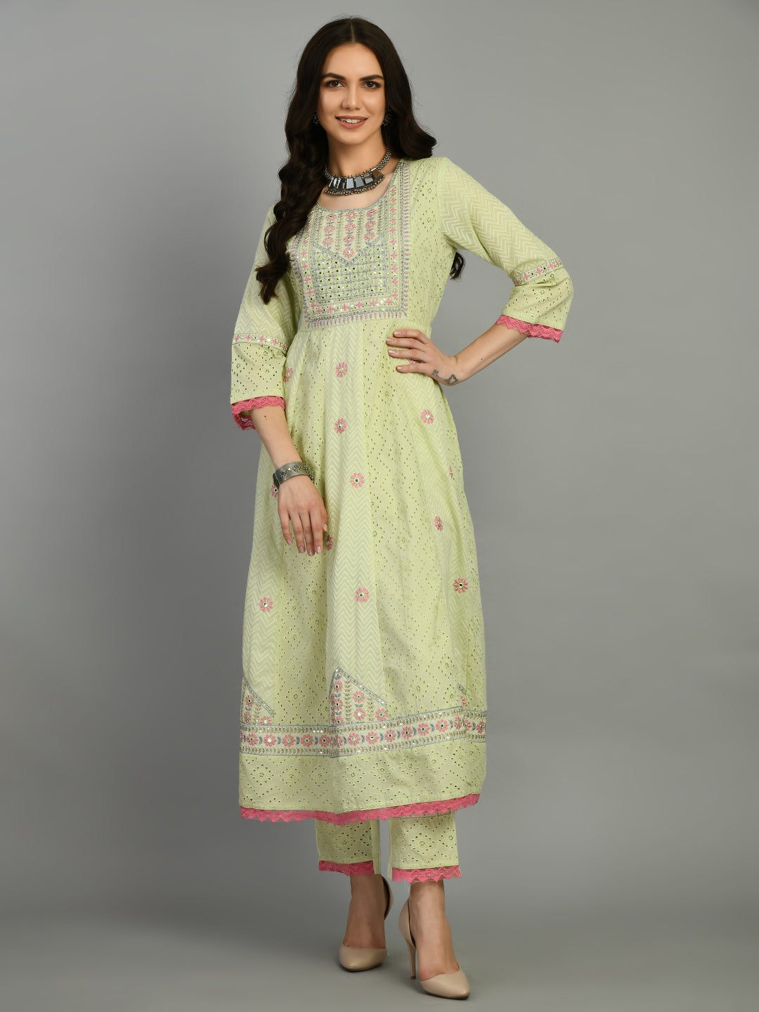 Light Green Embroidered Cotton Kurta Set with Dupatta