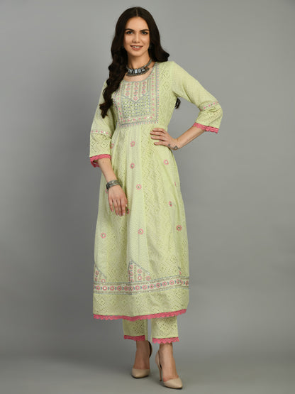 Light Green Embroidered Cotton Kurta Set with Dupatta
