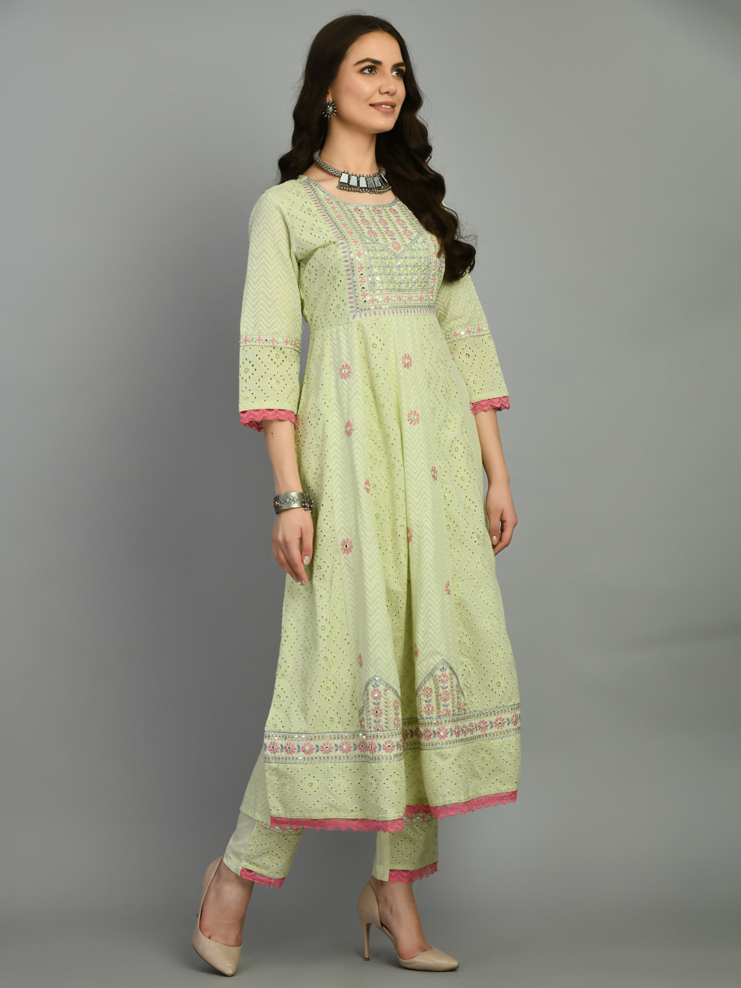 Light Green Embroidered Cotton Kurta Set with Dupatta