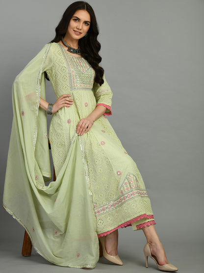 Light Green Embroidered Cotton Kurta Set with Dupatta