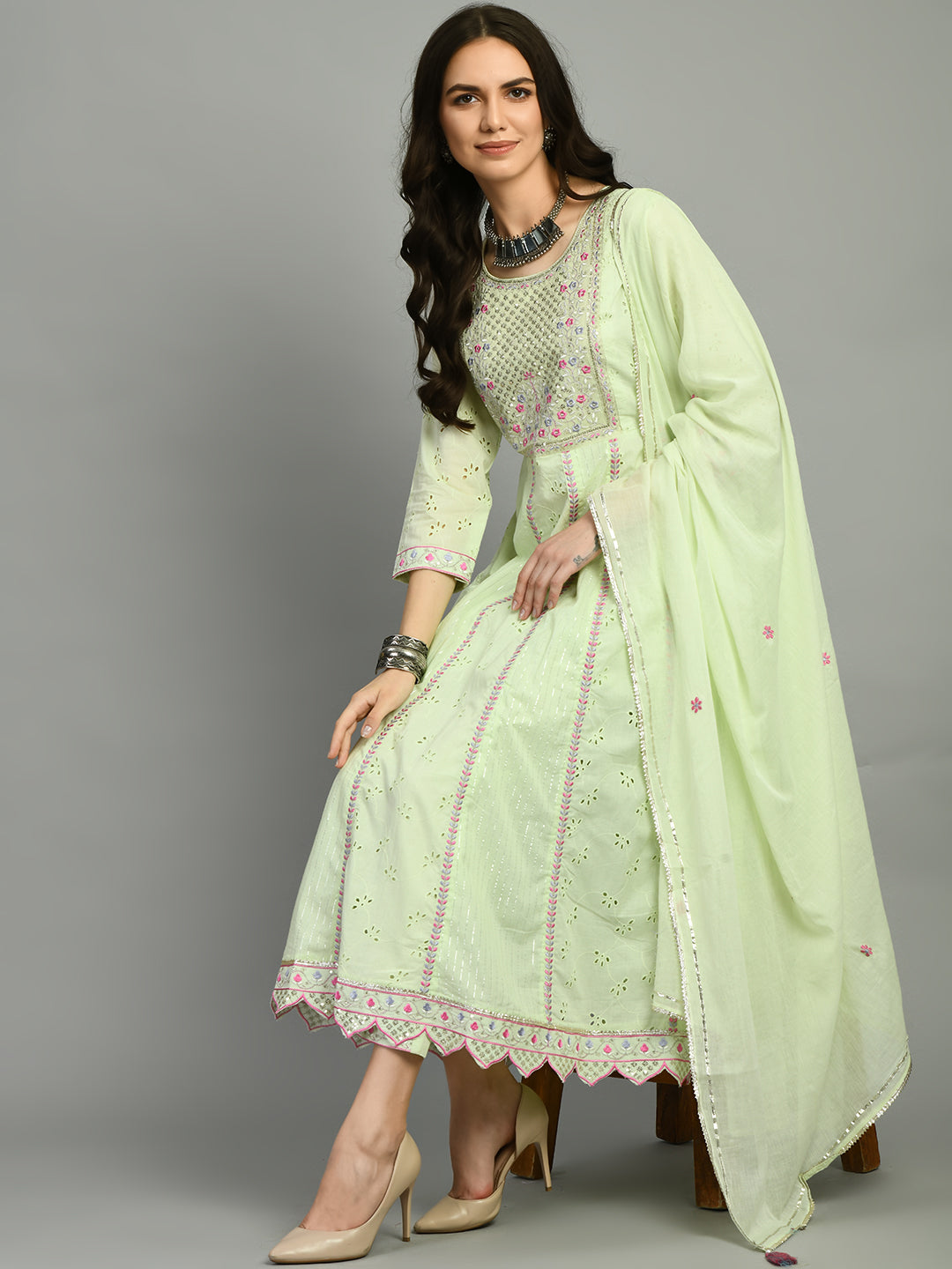 Light Green Embroidered Anarkali Kurta Set