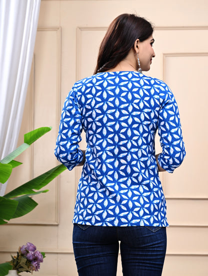 Blue Geometric Print Cotton Top for Women