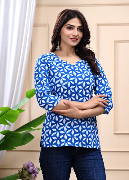 Blue Geometric Print Cotton Top for Women