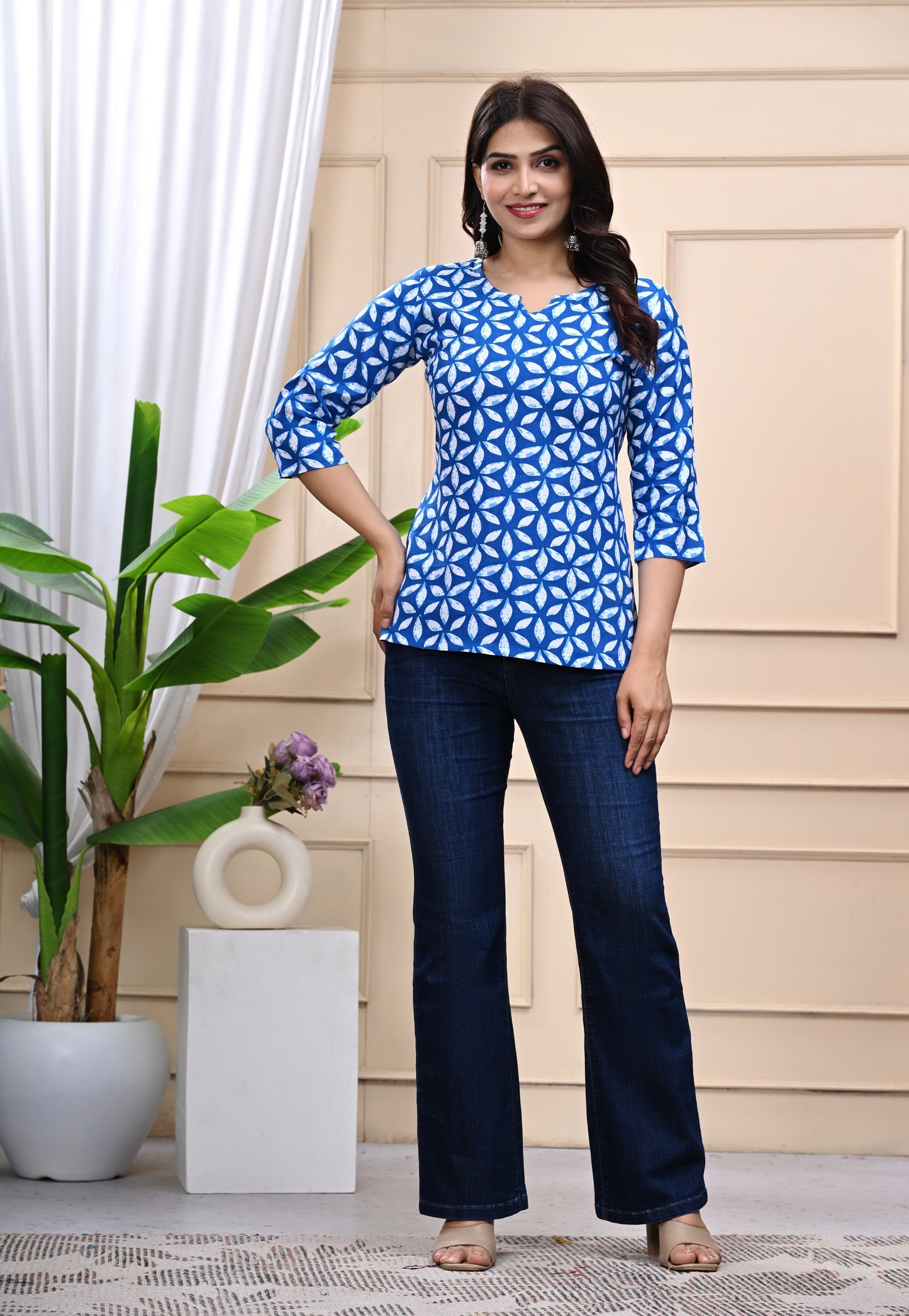 Blue Geometric Print Cotton Top for Women