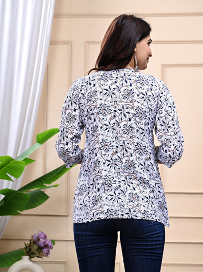 White Floral Printed Cotton Top for Women