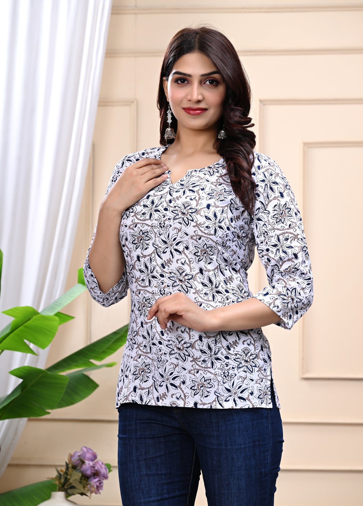White Floral Printed Cotton Top for Women