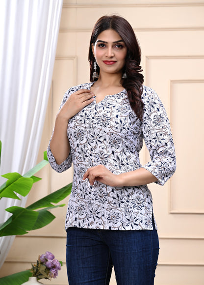 White Floral Printed Cotton Top for Women