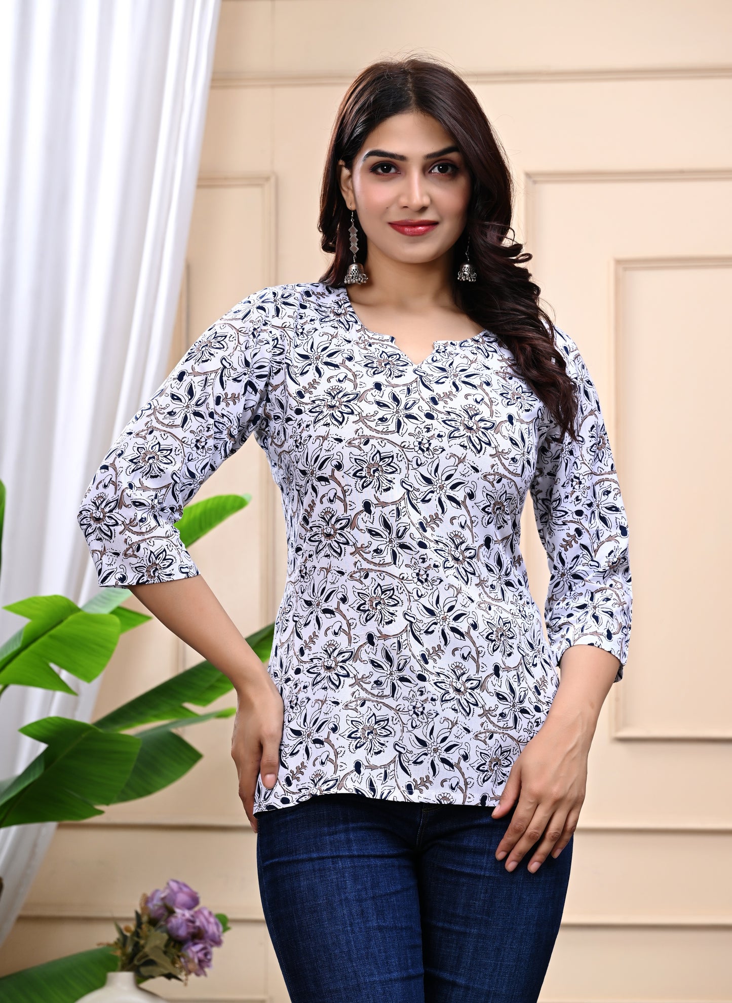 White Floral Printed Cotton Top for Women