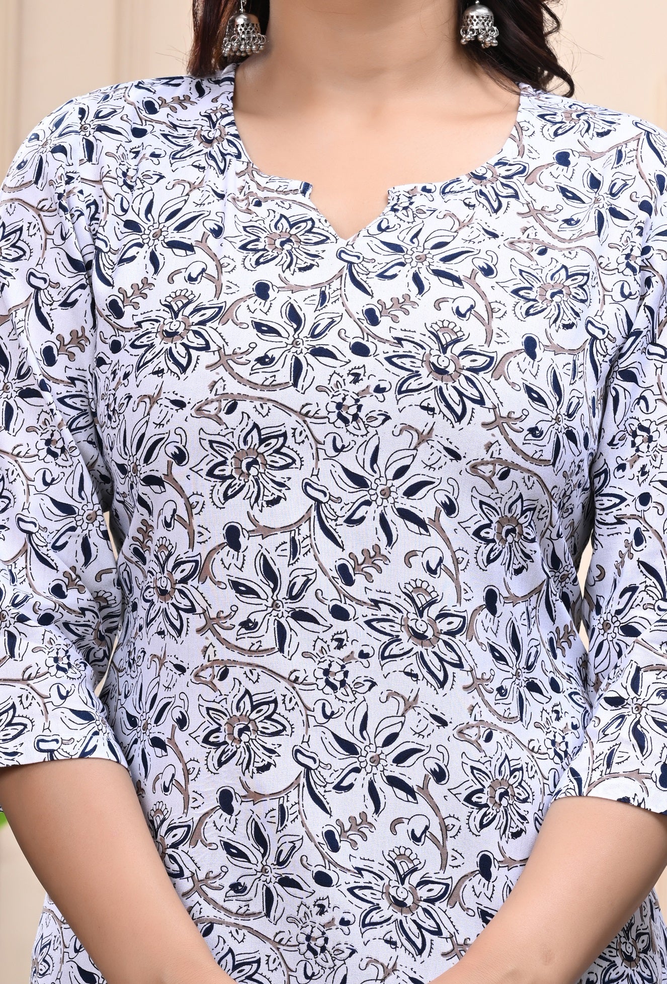 White Floral Printed Cotton Top for Women