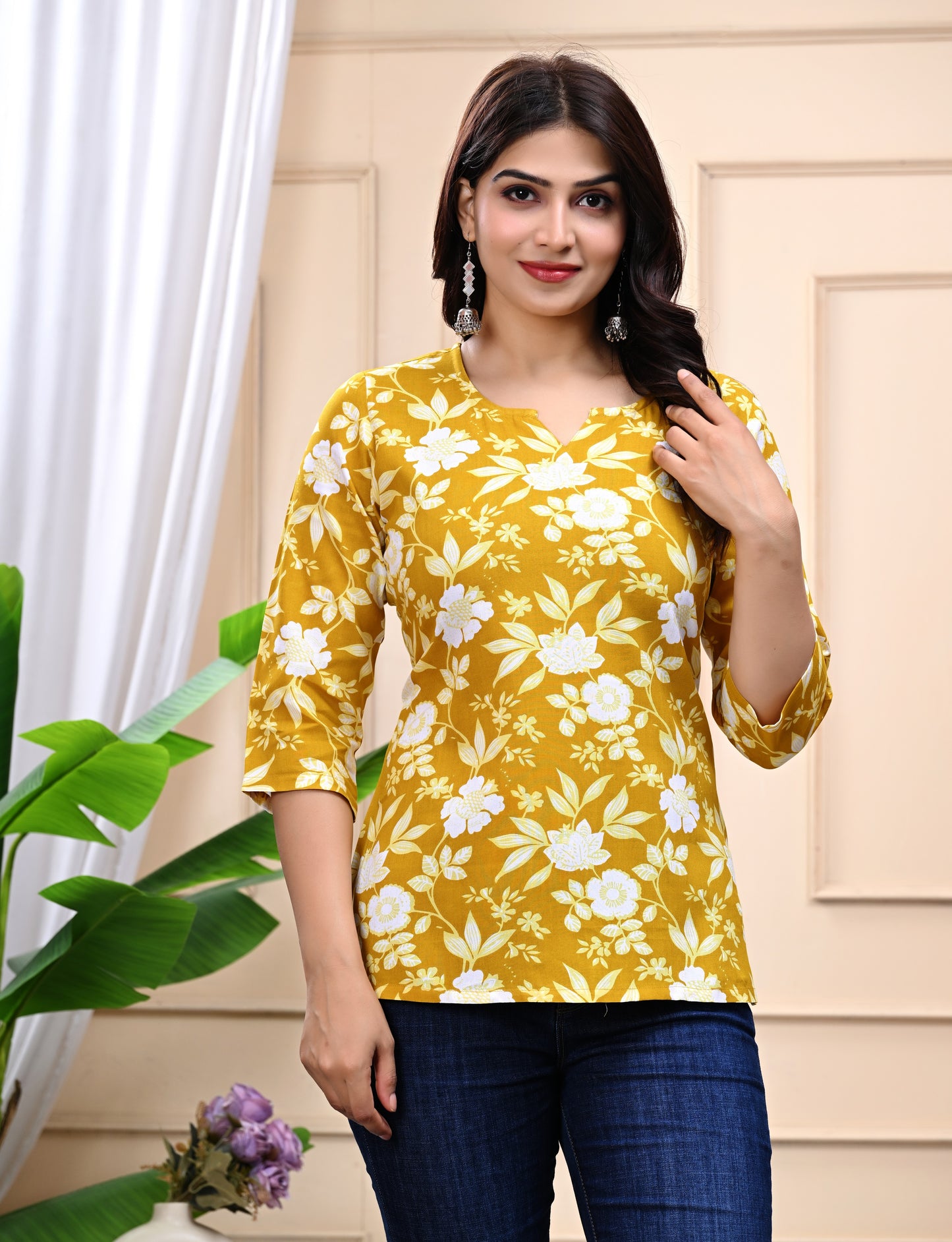 Mustard Yellow Floral Cotton Top for Women