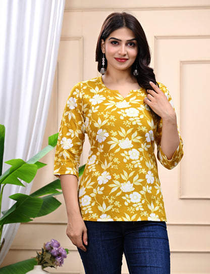Mustard Yellow Floral Cotton Top for Women