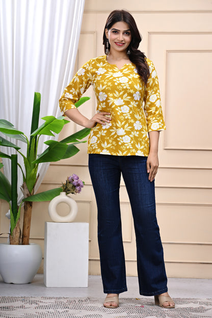 Mustard Yellow Floral Cotton Top for Women
