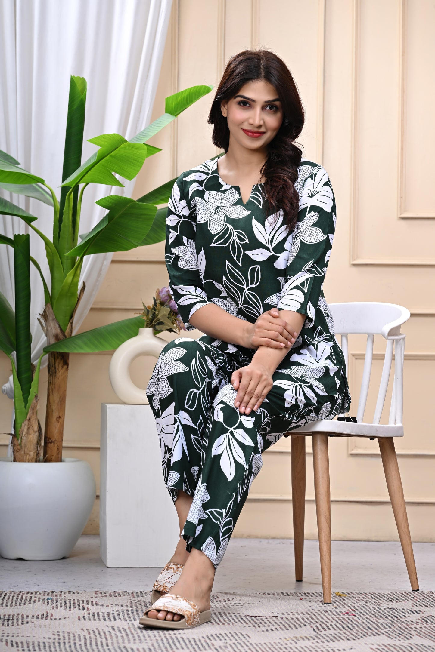 Elegant Green Floral Printed Cotton Co-ord Set for Women