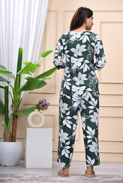 Elegant Green Floral Printed Cotton Co-ord Set for Women