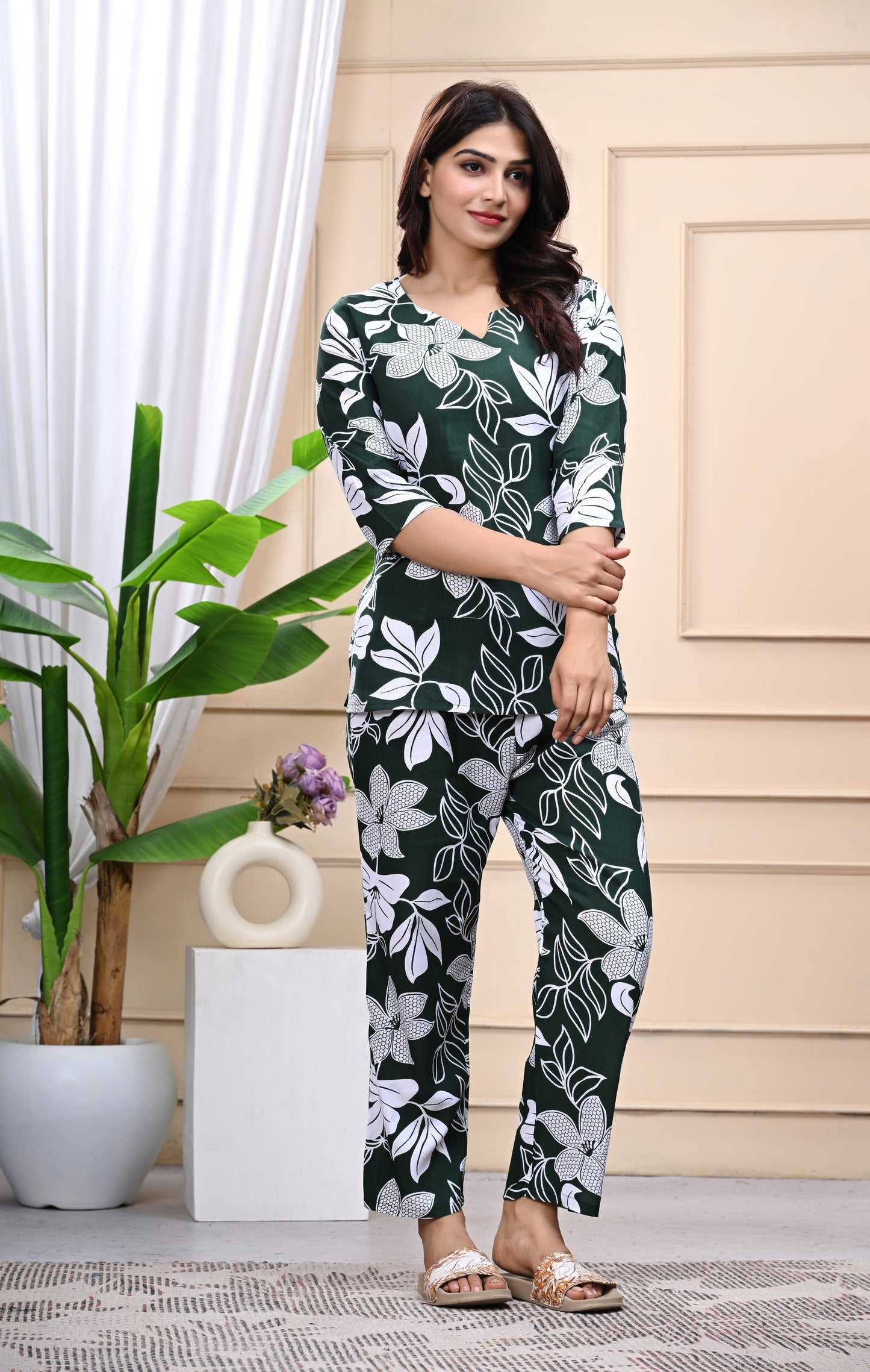 Elegant Green Floral Printed Cotton Co-ord Set for Women