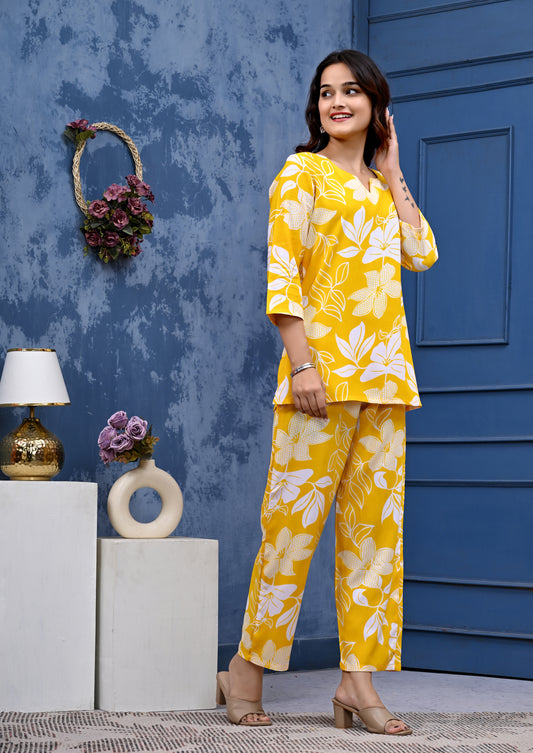 Bright Yellow Floral Co-ord Set for Women – Stylish & Comfortable Daily Wear