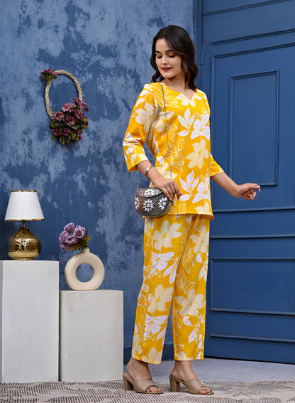Bright Yellow Floral Co-ord Set for Women – Stylish & Comfortable Daily Wear