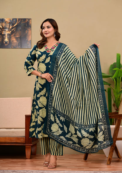 Navy Blue Floral Printed Kurta Set with Striped Pants & Dupatta