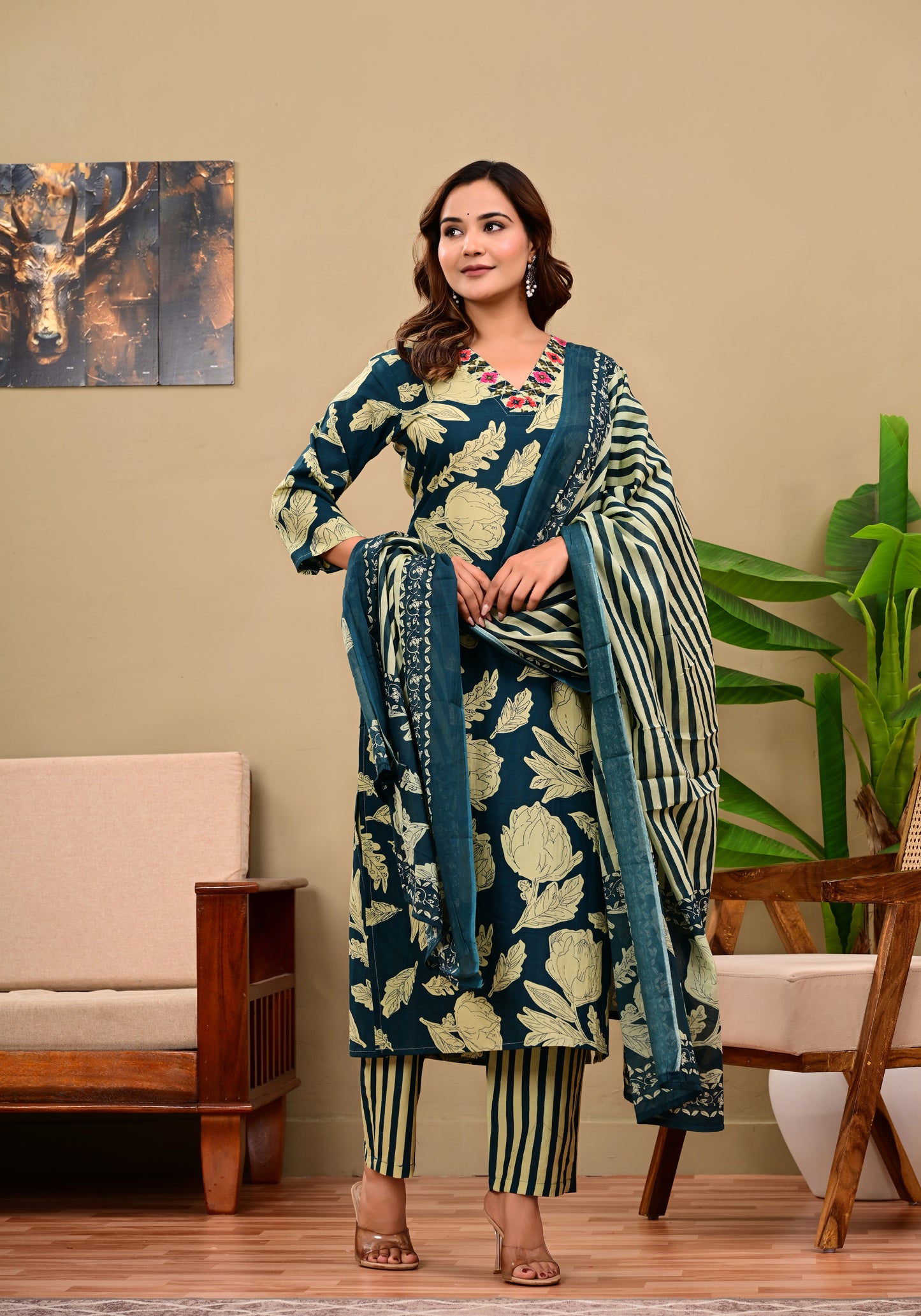 Navy Blue Floral Printed Kurta Set with Striped Pants & Dupatta