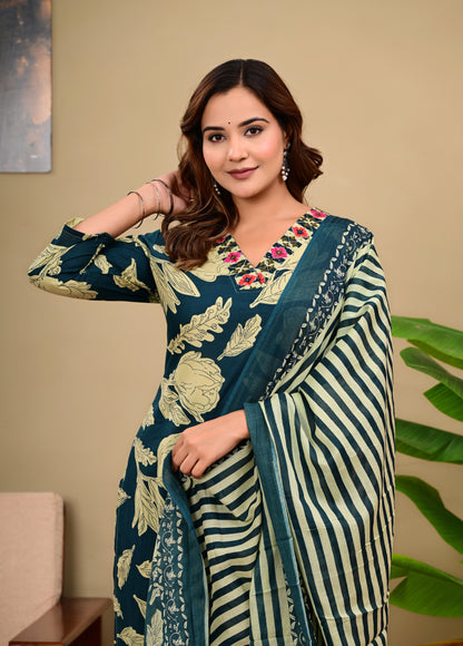 Navy Blue Floral Printed Kurta Set with Striped Pants & Dupatta