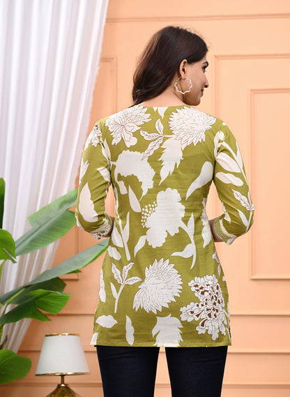 Olive Green Floral Printed Short Kurti for Women