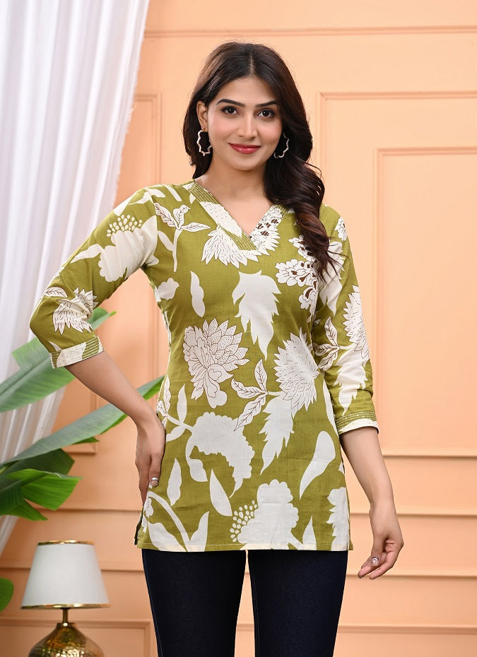 Olive Green Floral Printed Short Kurti for Women