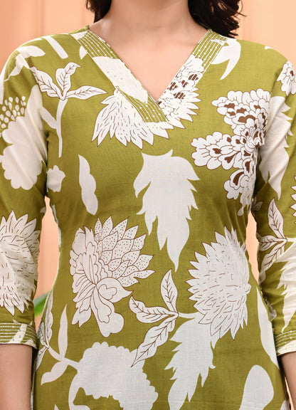 Olive Green Floral Printed Short Kurti for Women