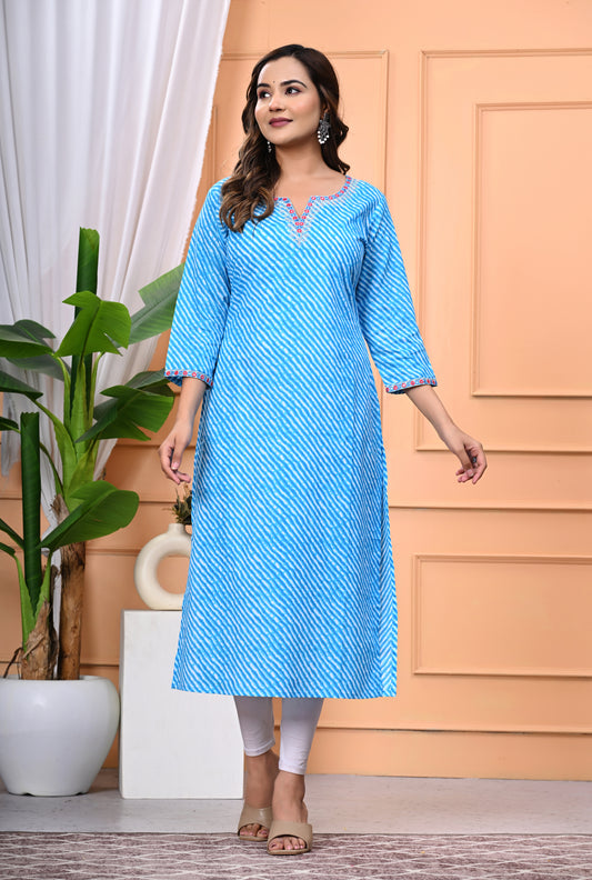 Women's Sky Blue Printed Cotton Kurti with Embroidered Neckline and 3/4 Sleeves"