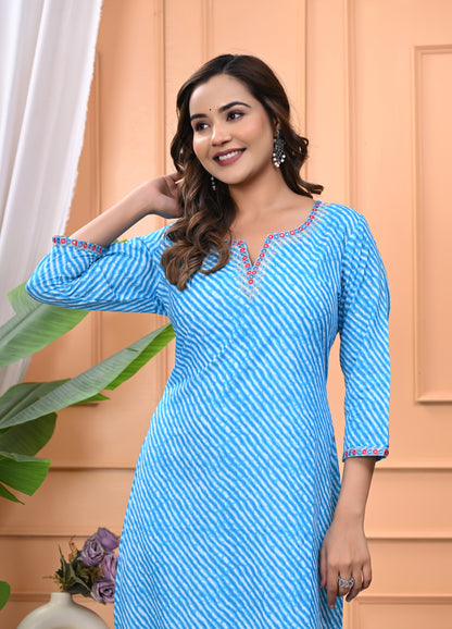 Women's Sky Blue Printed Cotton Kurti with Embroidered Neckline and 3/4 Sleeves"