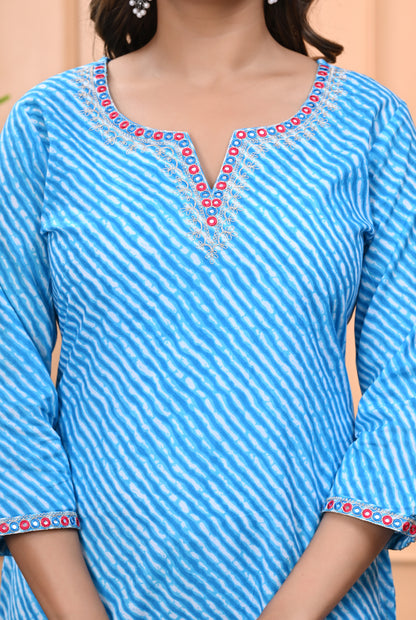 Women's Sky Blue Printed Cotton Kurti with Embroidered Neckline and 3/4 Sleeves"