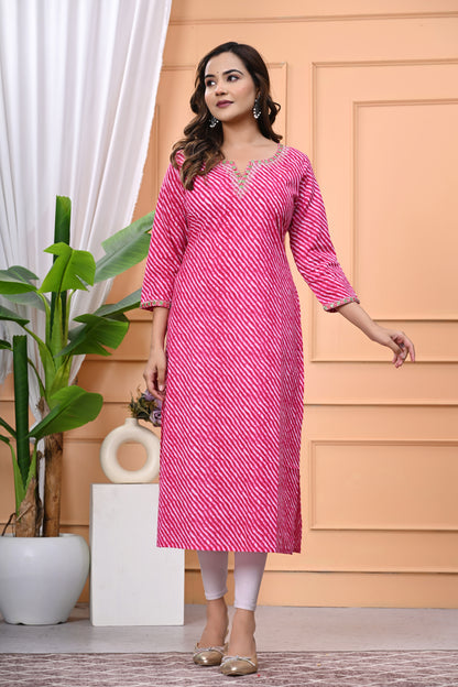 Women's Pink Printed Cotton Kurti with Embroidered Neckline and 3/4 Sleeves"