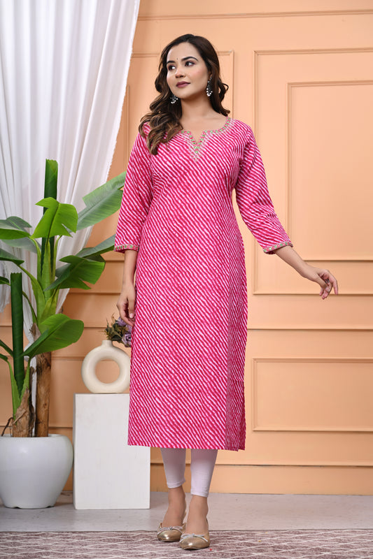 Women's Pink Printed Cotton Kurti with Embroidered Neckline and 3/4 Sleeves"