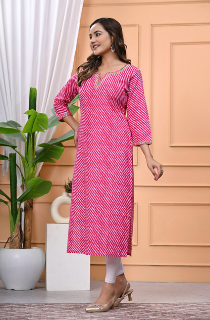 Women's Pink Printed Cotton Kurti with Embroidered Neckline and 3/4 Sleeves"