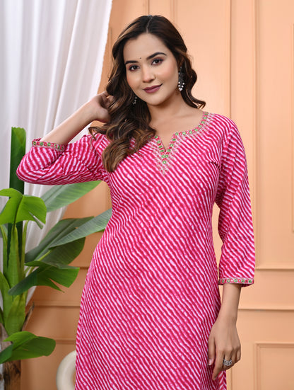 Women's Pink Printed Cotton Kurti with Embroidered Neckline and 3/4 Sleeves"