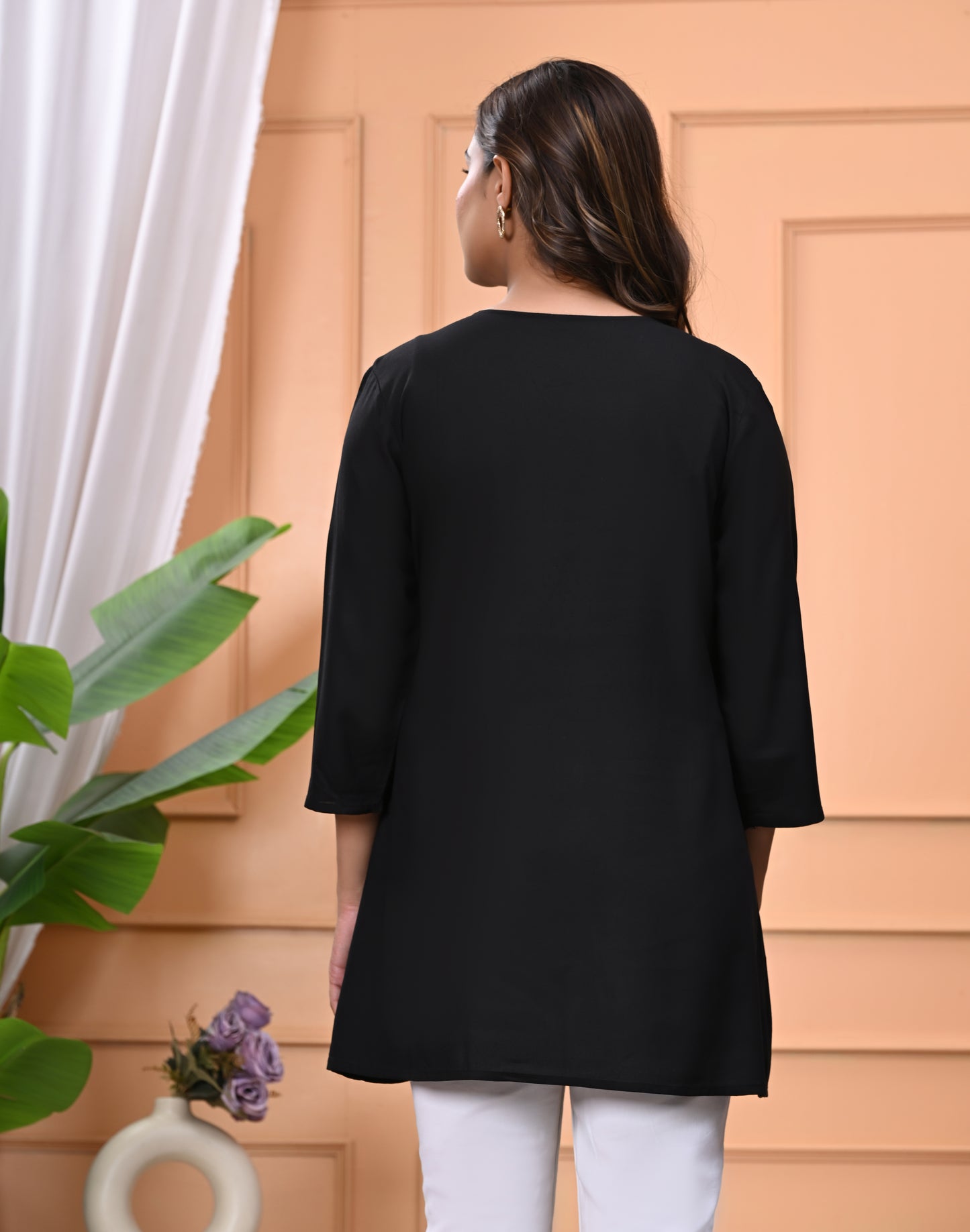 "Women's Black Rayon Short Kurti with White Embroidered Yoke – 3/4 Sleeves"