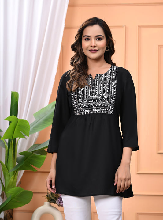 "Women's Black Rayon Short Kurti with White Embroidered Yoke – 3/4 Sleeves"